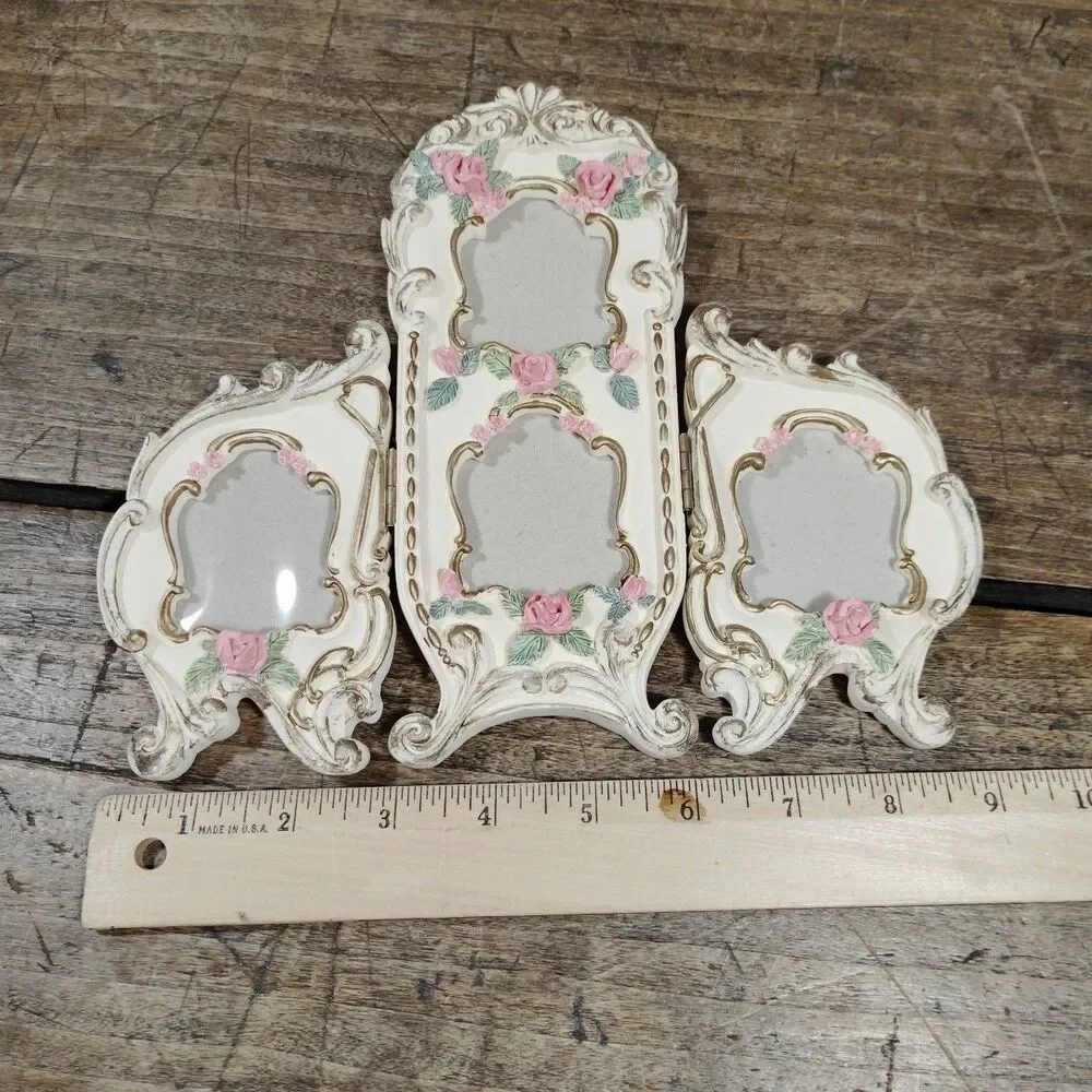 Vintage Victorian Photo Frame Roses Four Photos Floral Flowers Tri Fold Standing